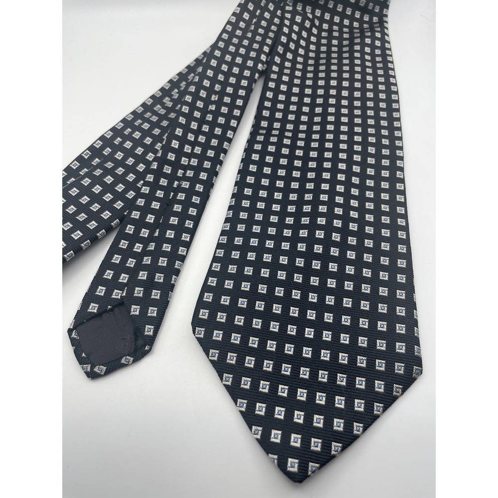 Brooks Brothers 346 Mens Silk Tie Navy Blue Silver Geometric Square Pattern USA